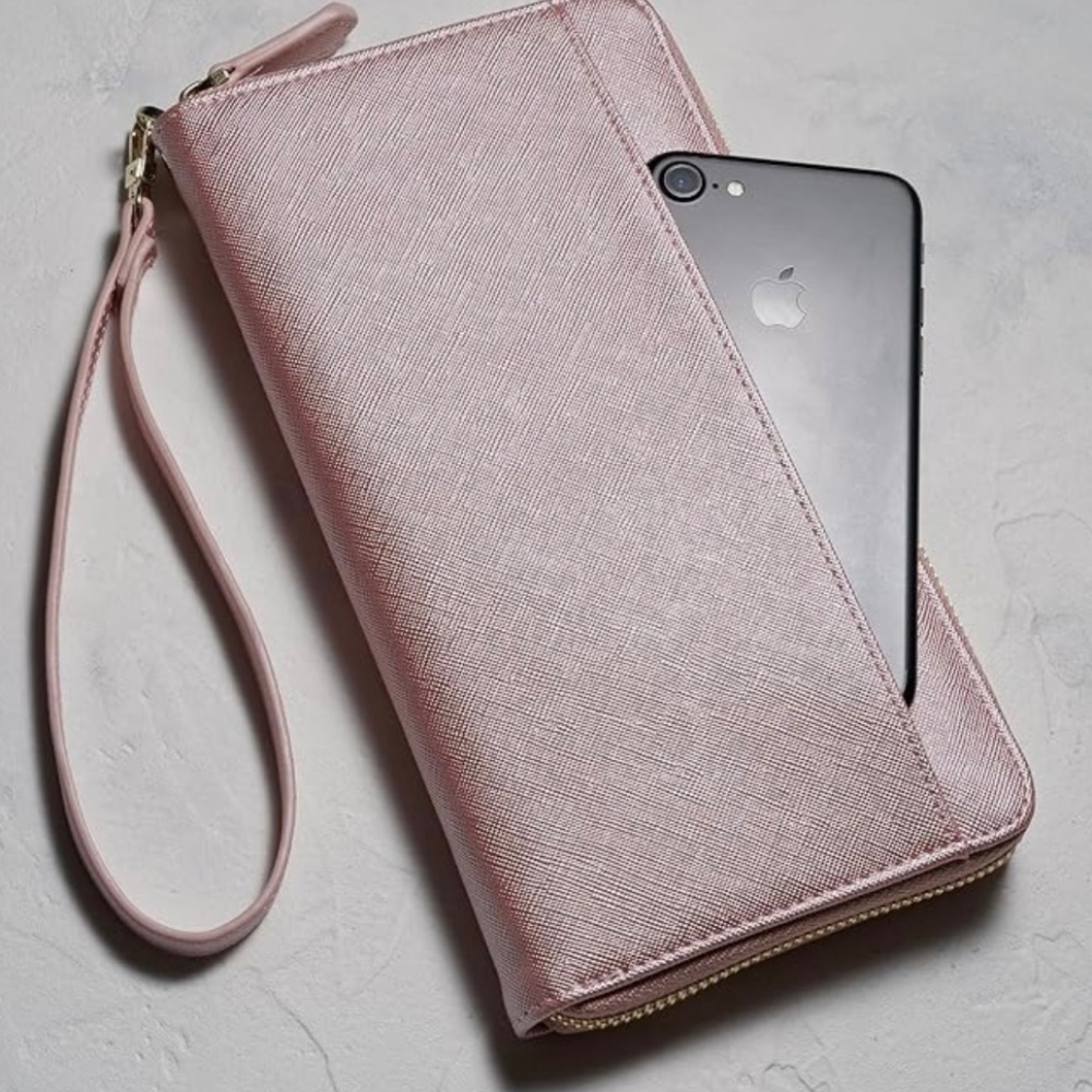 New Travel Document Passport Organizer Wristlet Wallet Case RFID Tech Rose Gold